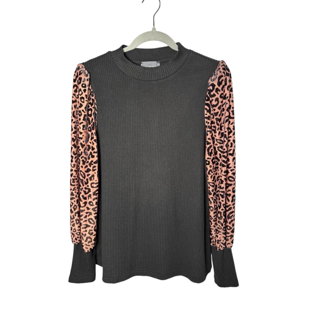 Hudson Gray Black Ribbed High Neck Top Leopard Long Sleeve Sz Small